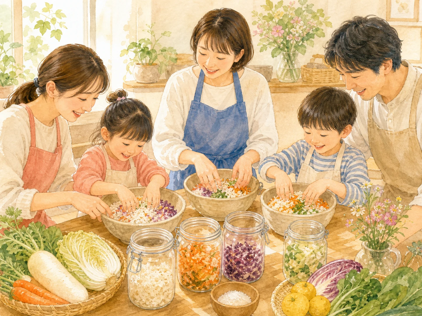 親子で発酵料理づくりを楽しむ食育イベントのイラスト