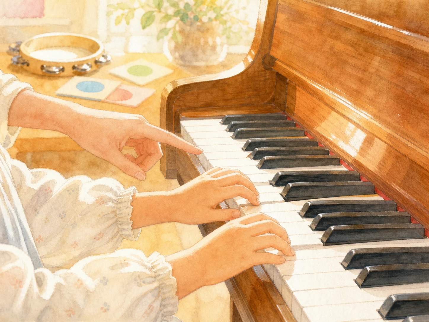 ピアノの鍵盤に触れる子どもの手元と寄り添う講師のイラスト