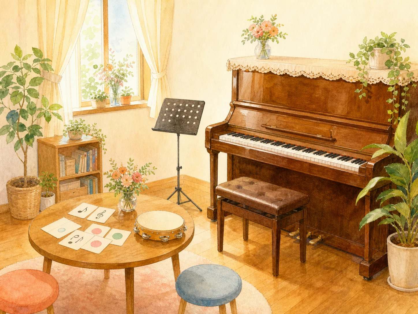 木のピアノと植物がある明るい教室をイメージしたイラスト