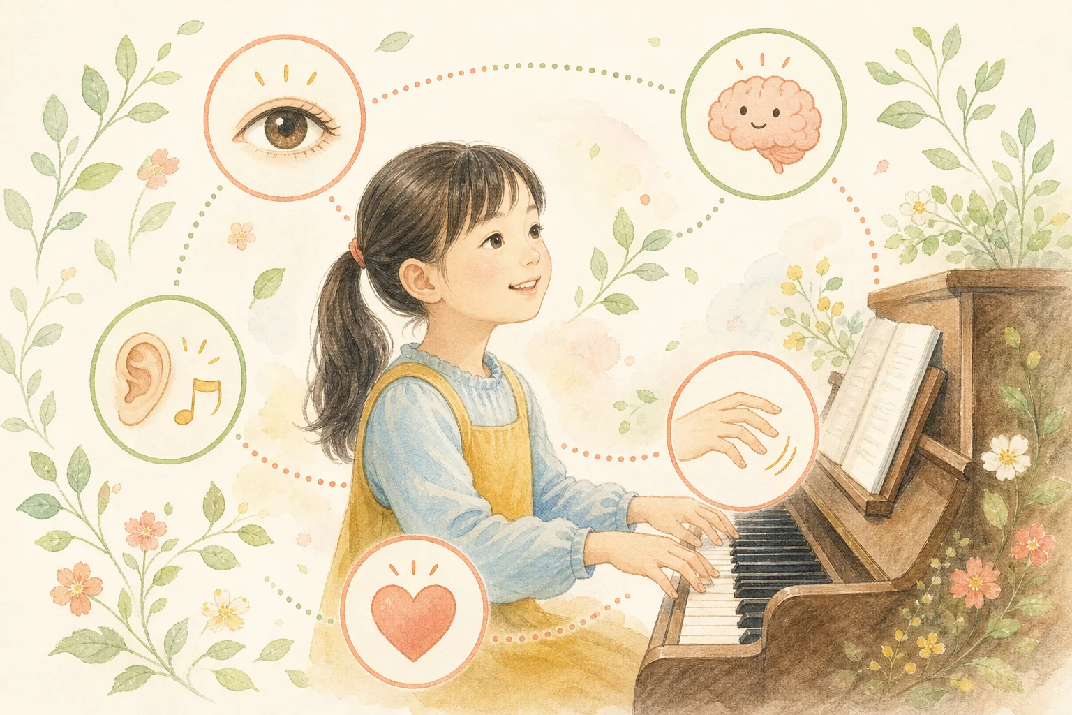 見る・聴く・考える・指を動かす・感情を表す力を使ってピアノを弾く子どものイラスト