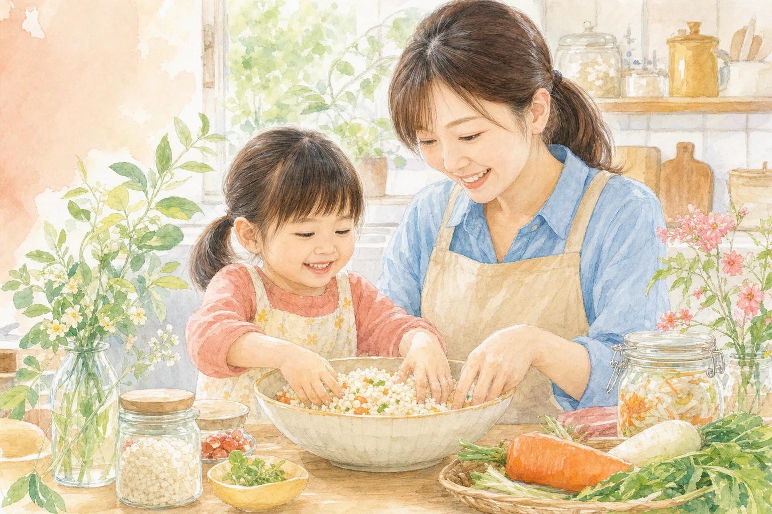 親子で米麹と野菜を混ぜて発酵料理を作る食育レッスンのイラスト