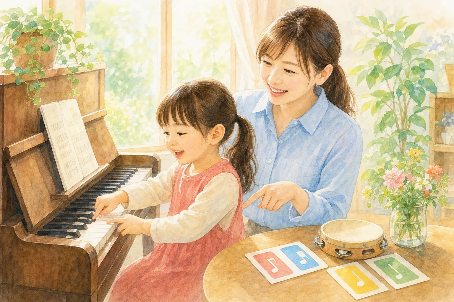 ピアノとリズムカードを使った脳トレレッスンを楽しむ子どもと講師のイラスト